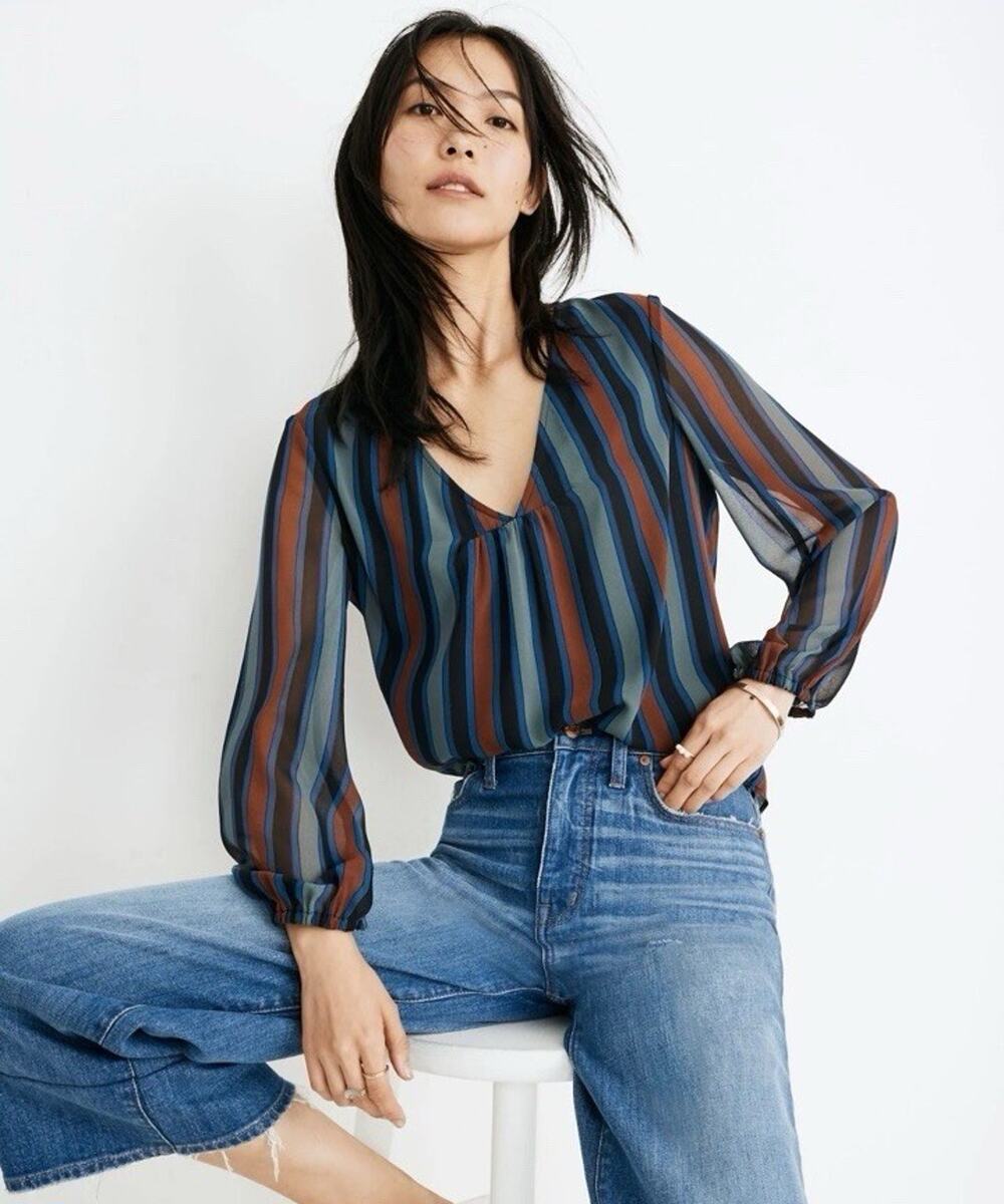 Madewell Women's Size XS Academy Stripe Retro Blouse Top Sheer Sleeve Modern